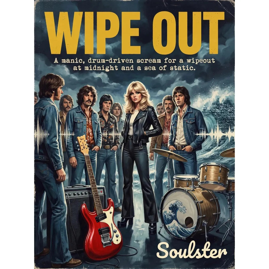 Soulster cinematic vintage pulp book cover art print illustration styled in a classic 1970s theme inspired by Wipe Out.