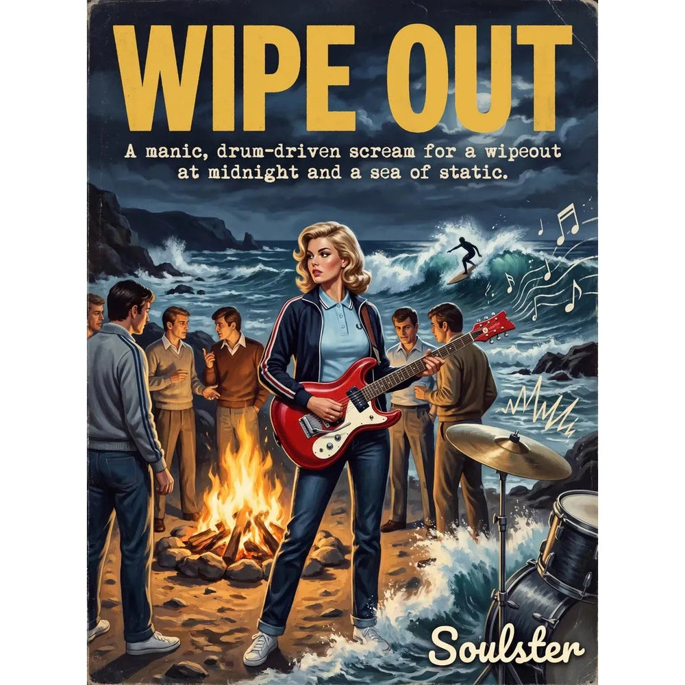 Soulster retro pulp thriller book cover style art print illustration inspired by Alternative Indie - Wipe Out.