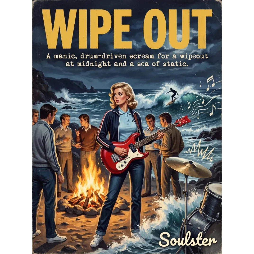 Soulster retro pulp thriller book cover style art print illustration inspired by Alternative Indie - Wipe Out.