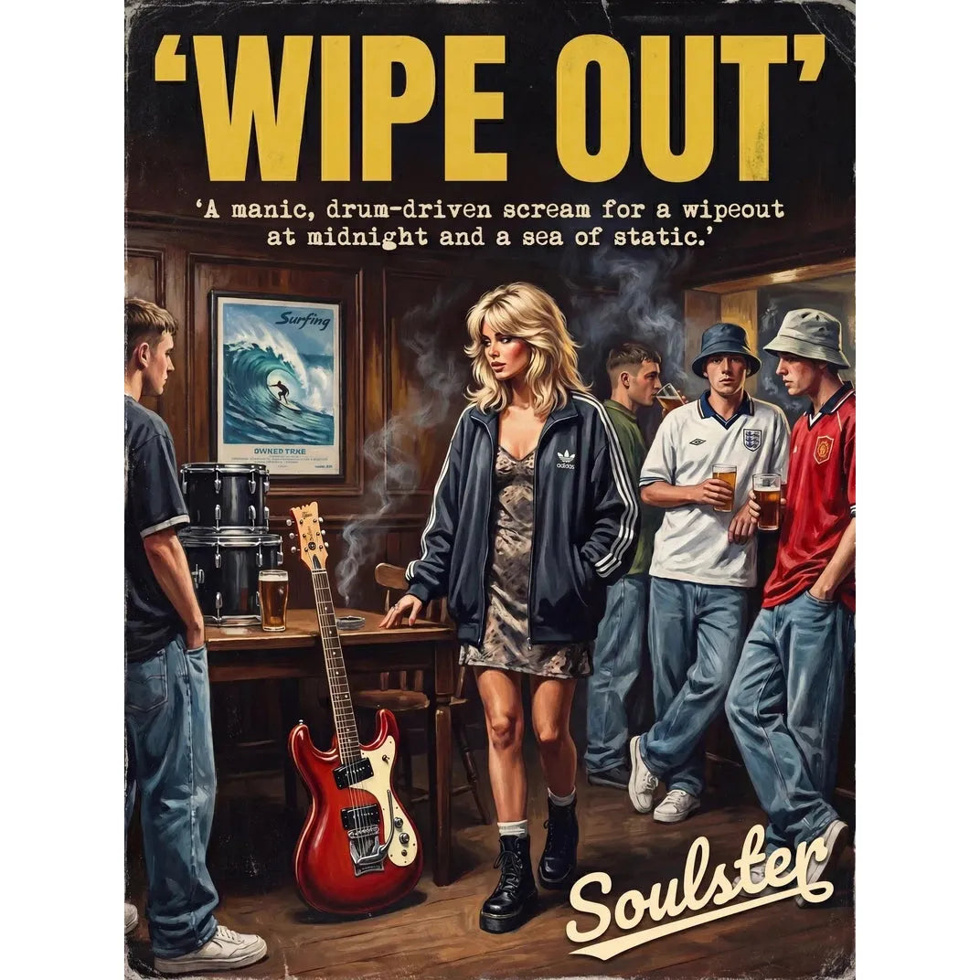 Soulster cinematic vintage pulp book cover art print illustration styled in a classic 1990s theme inspired by Wipe Out.