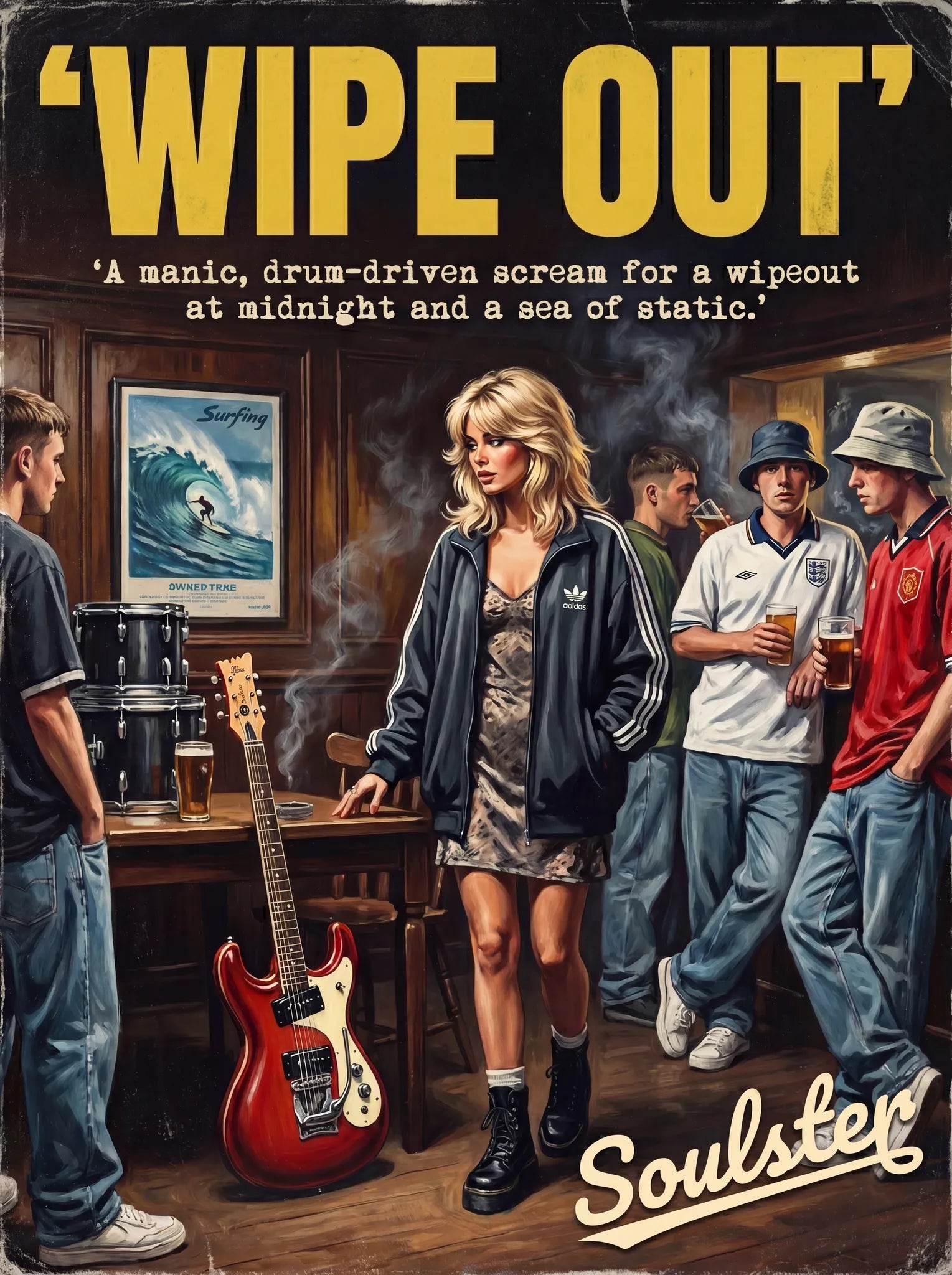 Soulster cinematic vintage pulp book cover art print illustration styled in a classic 1990s theme inspired by Wipe Out.