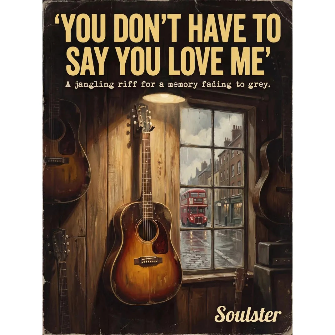 Soulster Manchester Edition wall art print showing a cinematic pulp style design of a Vintage Guitar inspired by You Don't Have To Say You Love Me - London.