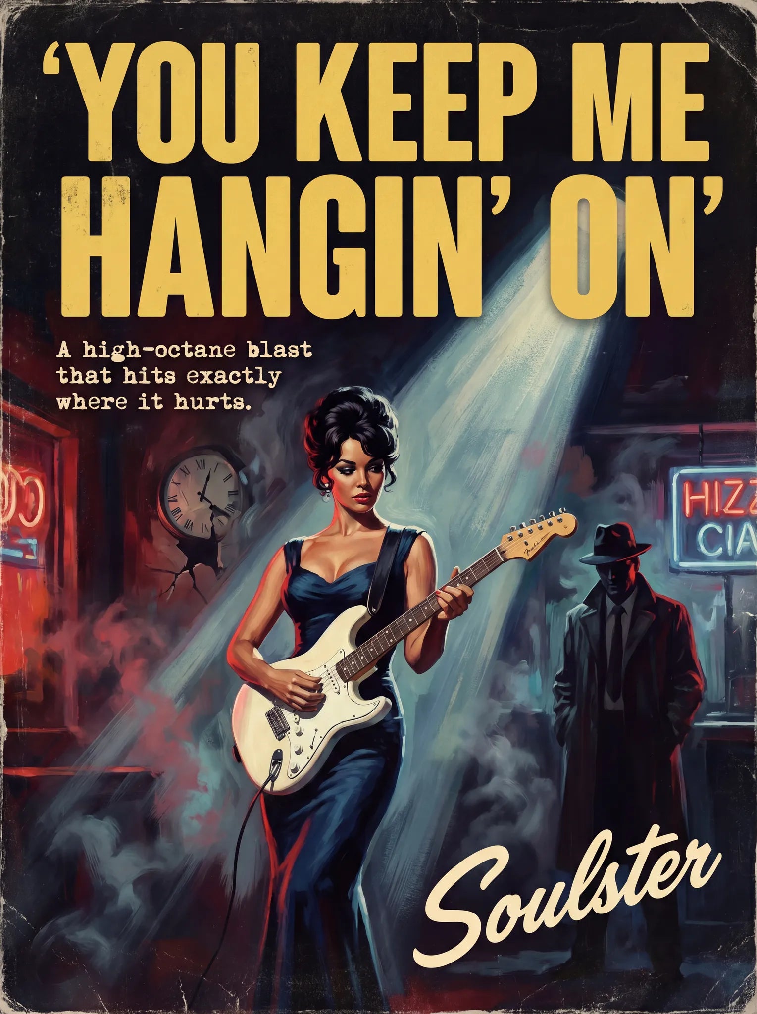 Soulster cinematic vintage pulp book cover art print illustration styled in a classic 1950s theme inspired by You Keep Me Hangin' On.