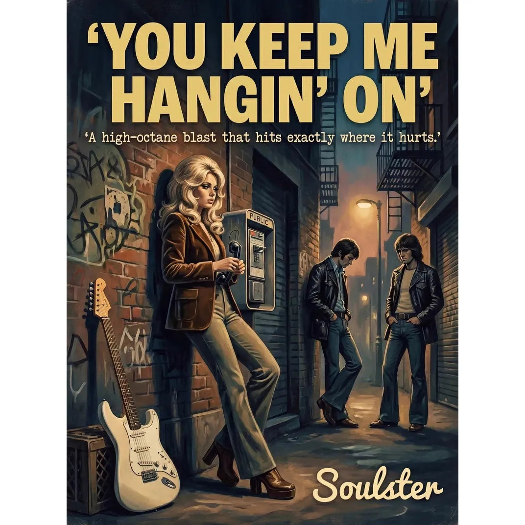 Soulster cinematic vintage pulp book cover art print illustration styled in a classic 1970s theme inspired by You Keep Me Hangin' On.
