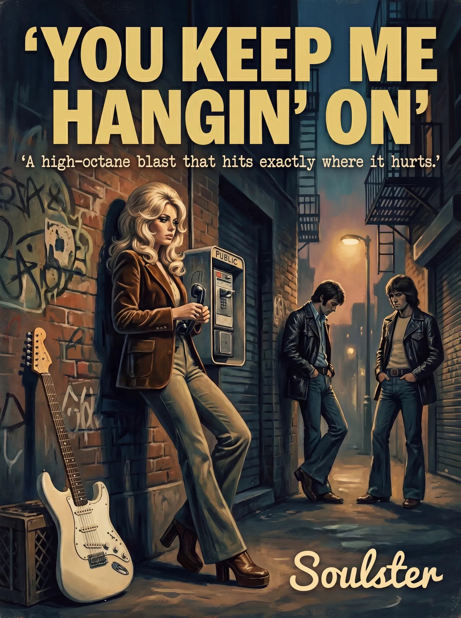 Soulster cinematic vintage pulp book cover art print illustration styled in a classic 1970s theme inspired by You Keep Me Hangin' On.