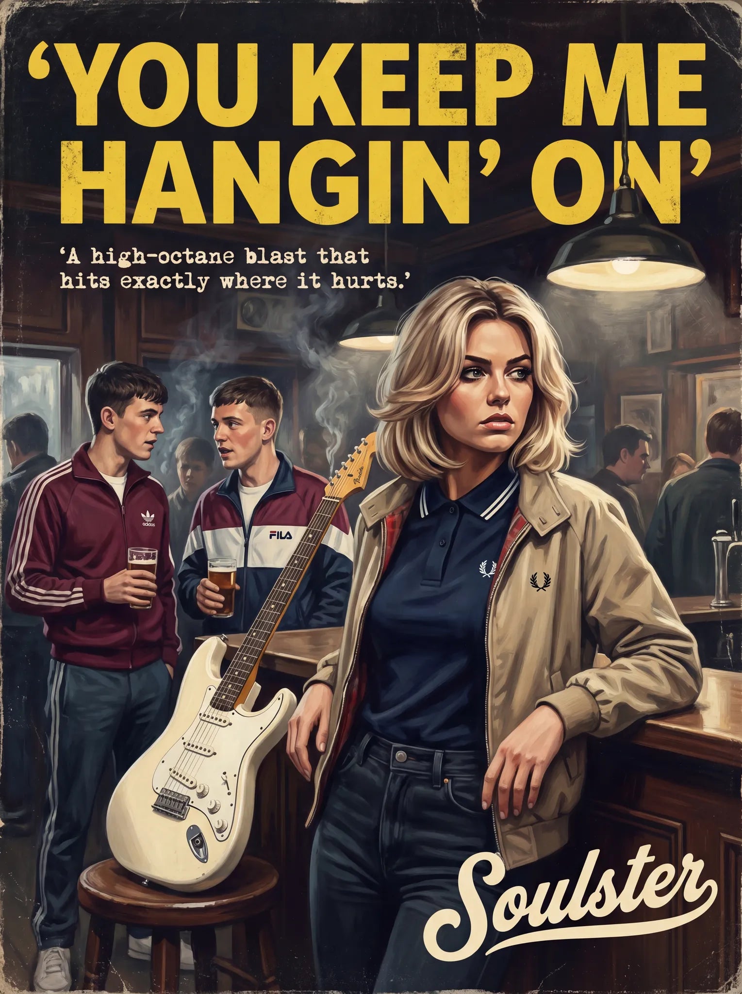 Soulster retro pulp thriller book cover style art print illustration inspired by Alternative Indie - You Keep Me Hangin' On.