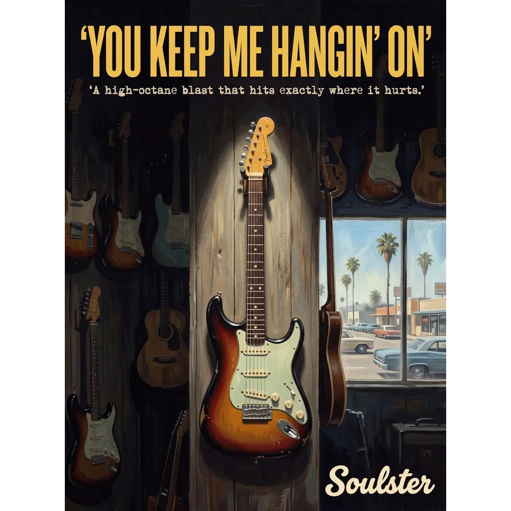 Soulster Manchester Edition wall art print showing a cinematic pulp style design of a Vintage Guitar inspired by You Keep Me Hangin' On - Los Angeles.