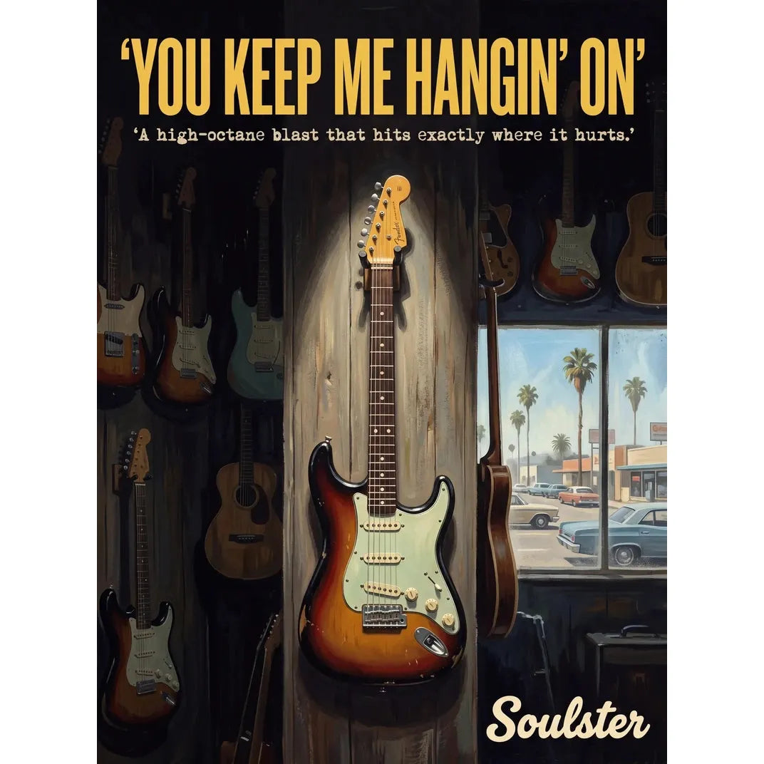 Soulster Manchester Edition wall art print showing a cinematic pulp style design of a Vintage Guitar inspired by You Keep Me Hangin' On - Los Angeles.