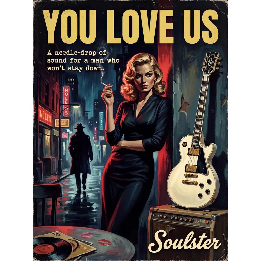 Soulster cinematic vintage pulp book cover art print illustration styled in a classic 1950s design layout inspired by You Love Us.