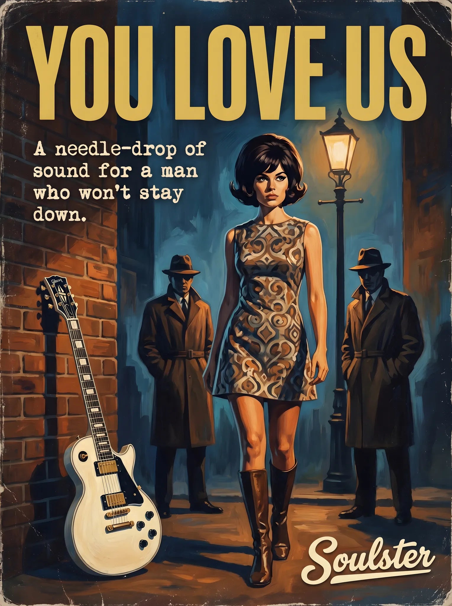 Soulster cinematic vintage pulp book cover art print illustration styled in a classic 1960s design layout inspired by You Love Us.