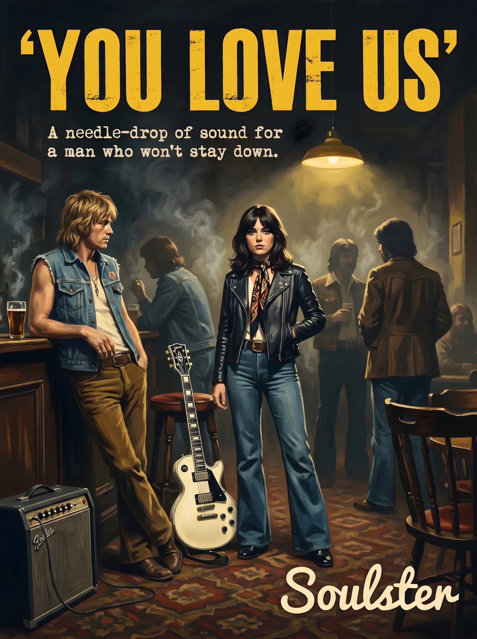 Soulster cinematic vintage pulp book cover art print illustration styled in a classic 1970s design layout inspired by You Love Us.