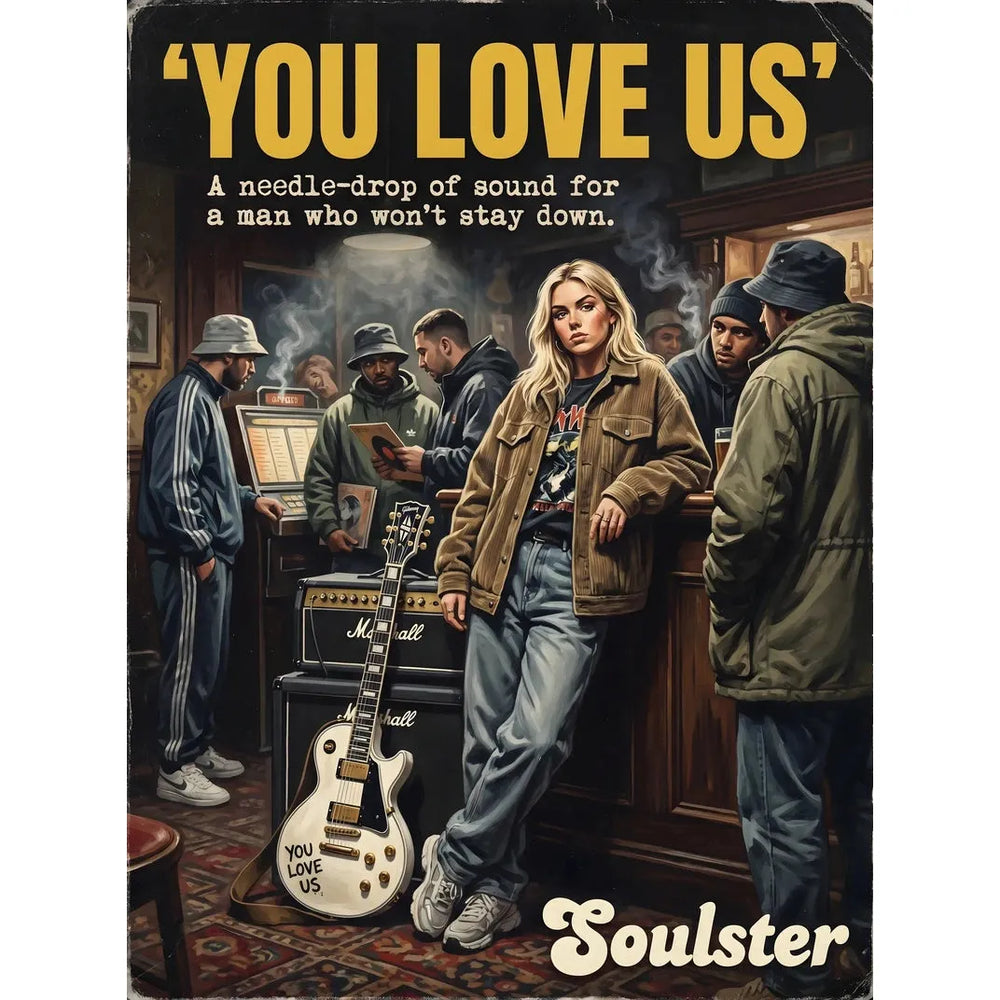 Soulster cinematic vintage pulp book cover art print illustration styled in a classic 1990s design layout inspired by You Love Us.