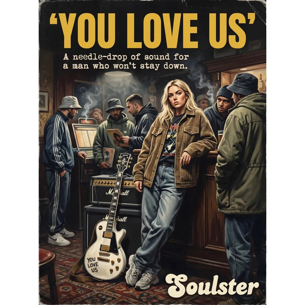 Soulster cinematic vintage pulp book cover art print illustration styled in a classic 1990s design layout inspired by You Love Us.