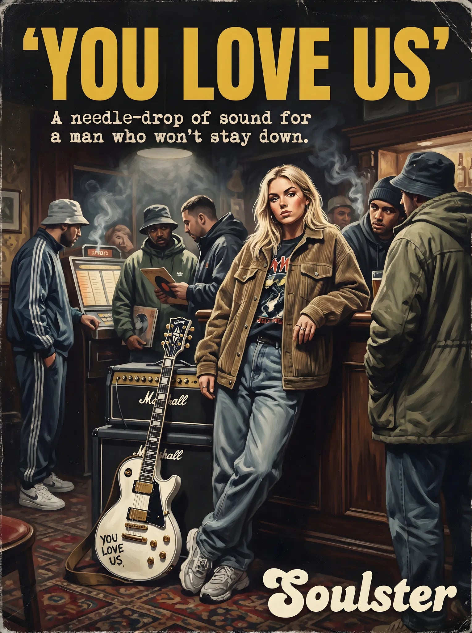 Soulster cinematic vintage pulp book cover art print illustration styled in a classic 1990s design layout inspired by You Love Us.