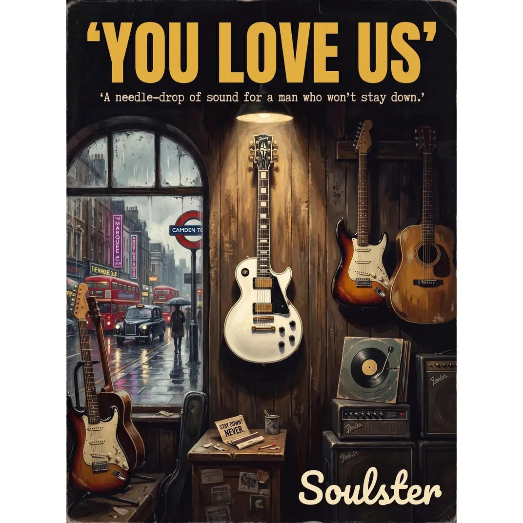 Soulster Manchester Edition wall art print showing a cinematic pulp style design of a Gibson Les Paul Custom inspired by You Love Us - London.