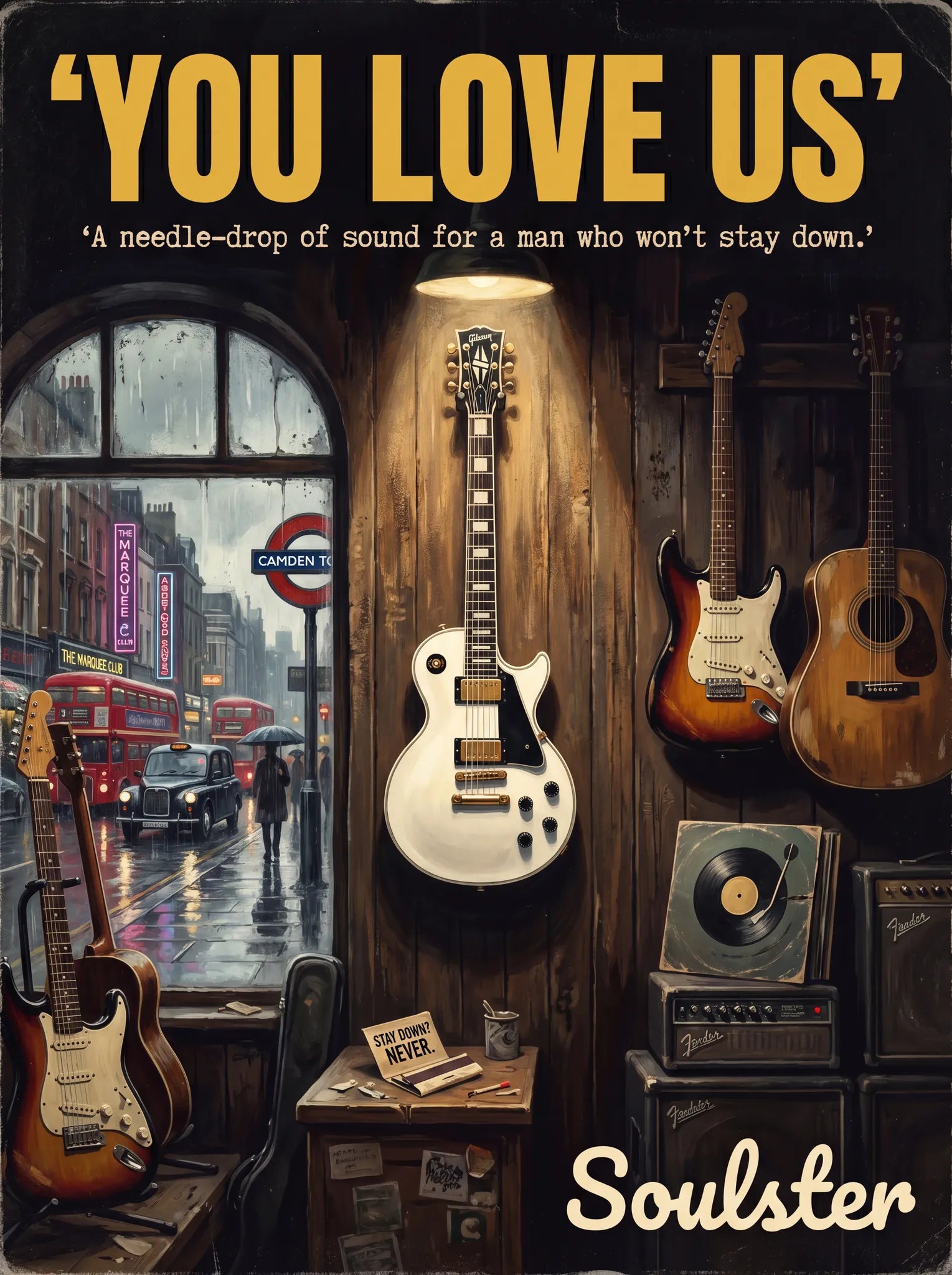 Soulster Manchester Edition wall art print showing a cinematic pulp style design of a Gibson Les Paul Custom inspired by You Love Us - London.